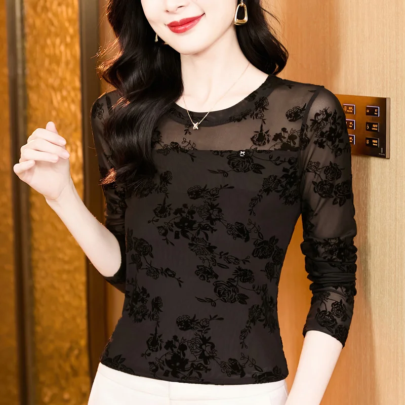 High Collar T Shirt - Korean Fashion Floral Mesh Long Sleeve Tees For Women