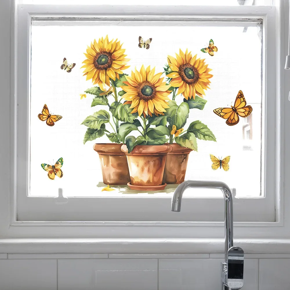 1PCS Creative Potted Sunflower Butterfly Glass Window Home Landscaping Decoration Electrostatic Uv Window Sticker