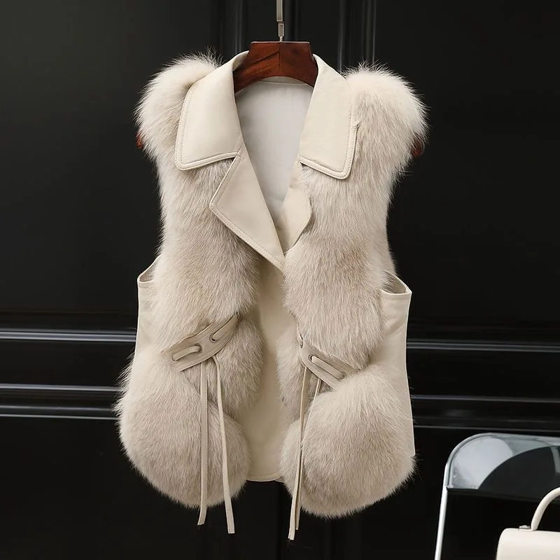 2023 Winter New Women Faux Fox Fur Vest Thicken Warm Casual Waistcoat Slim Short Outwear Fashion Patchwork Solid Color Outcoat