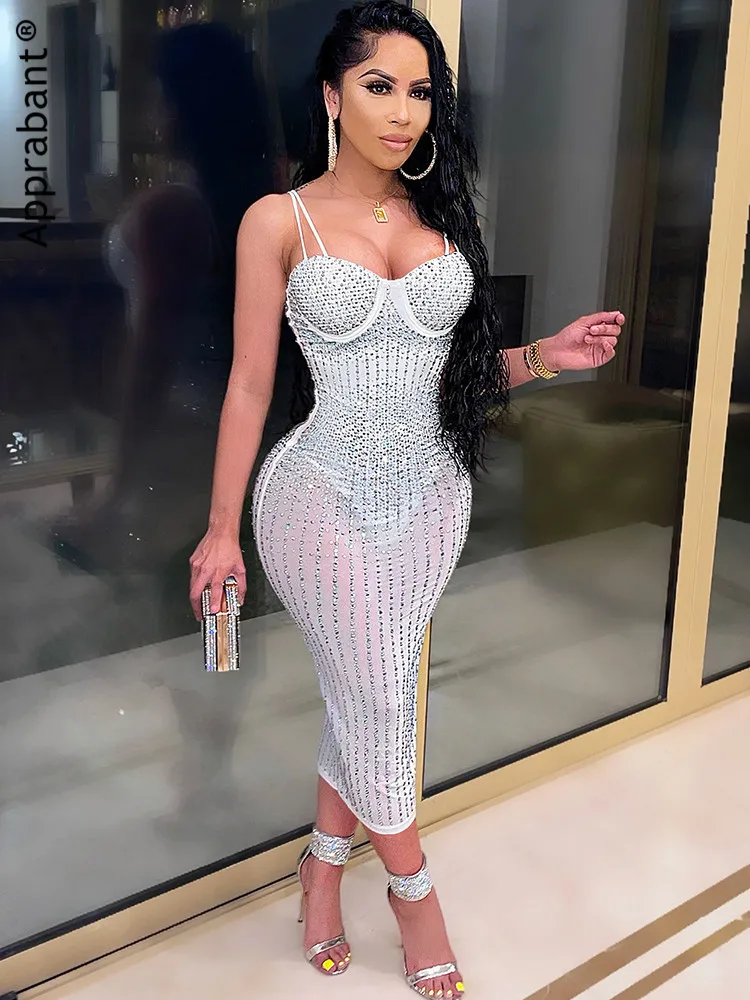 

Apprabant Rhinestone Design See Through Maxi Dress Women Sleeveless Slash Neck Party Bodycon Dress Sexy Evening Robe Vestidos