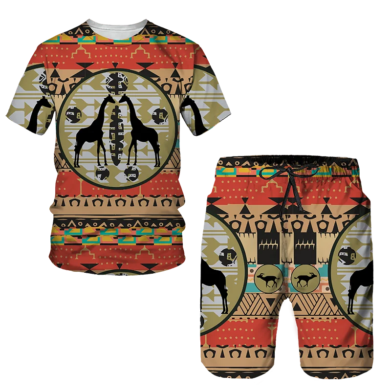Men's African Style Summer Tracksuit Ethnic Totem Print T-Shirt Shorts Set Casual Clothing Vintage Oversized Fashion Outfits