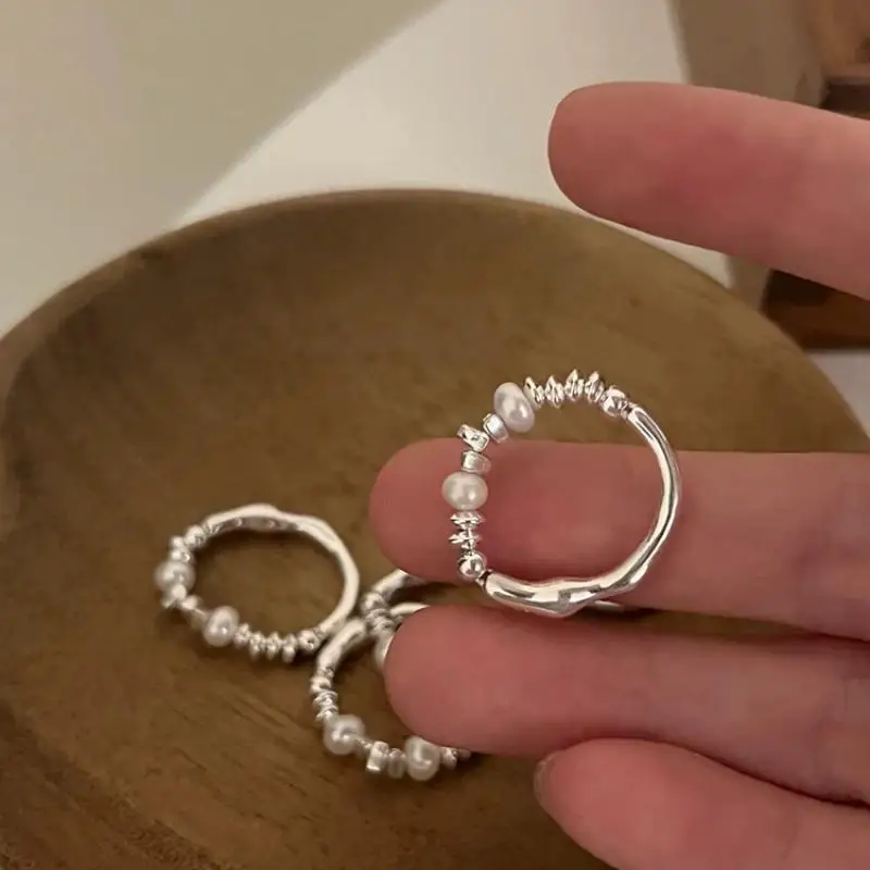 Silver Asymmetrical Beads Pearl Elastic Cord Rings For Women Girl Luxury Korean Fashion Jewelry Gift Party
