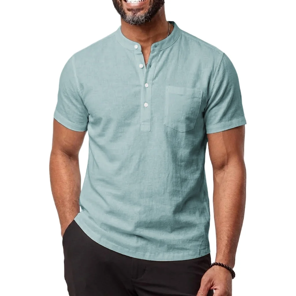 New Short Sleeve Shirt Man Solid Color T-shirts Linen Cotton Summer Shirts Breathable Loose Hawaiian Shirt Pocket Vintage Tee