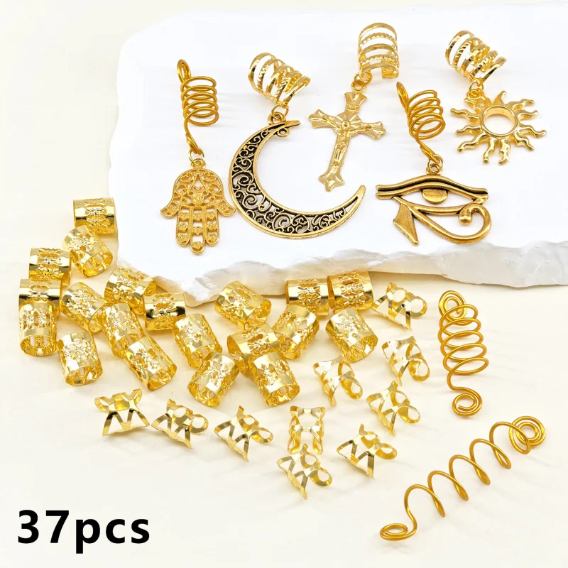 37개 DIY 금속 합금 드레드락 헤어 링 참 장식품 태양 십자가 펜던트 브레이드 헤어 장식 액세서리