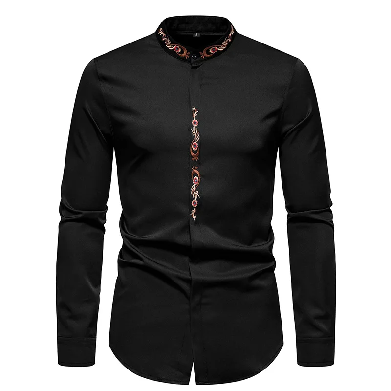 Men Autumn Shirt Embroidery Print Dress Shirt Long Sleeve Tops Prom Social Slim Fit Cotton Streetwear Casual Chemise Clothes