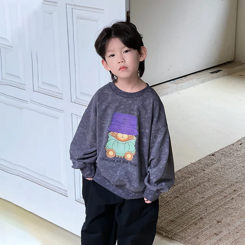 

2024 Korean Spring Autumn Junior Boy Pullover Teenager Boy Cartoon Printed Sport Shirt Children Boy Long Sleeve O-neck Top