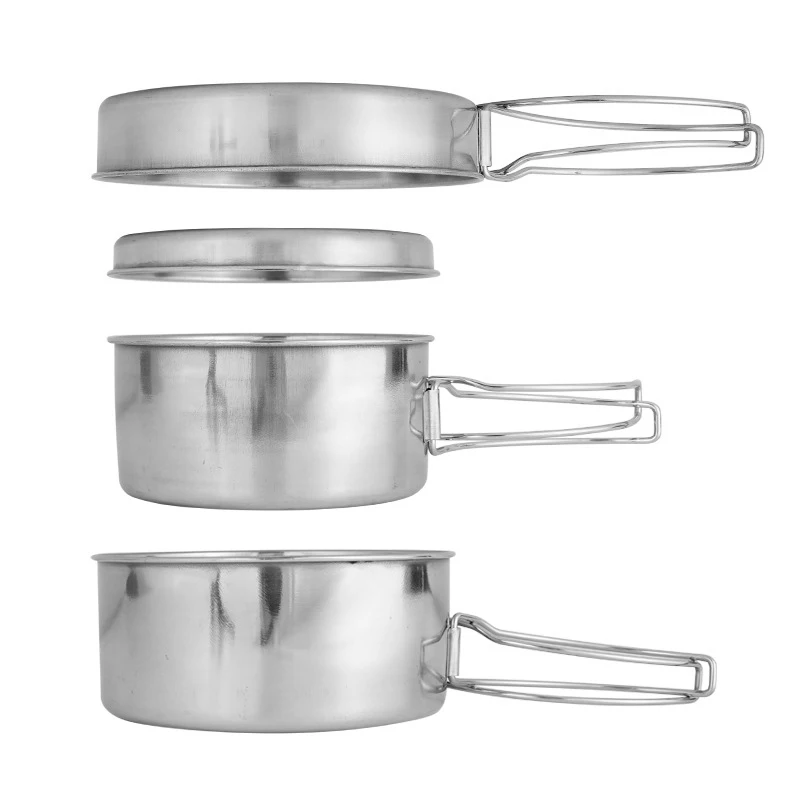 Yardwe 4pcs Camp Cookware Set Stainless Steel Camping Pot Pan Non-Stick Surface For Hiking Outdoor Cooking