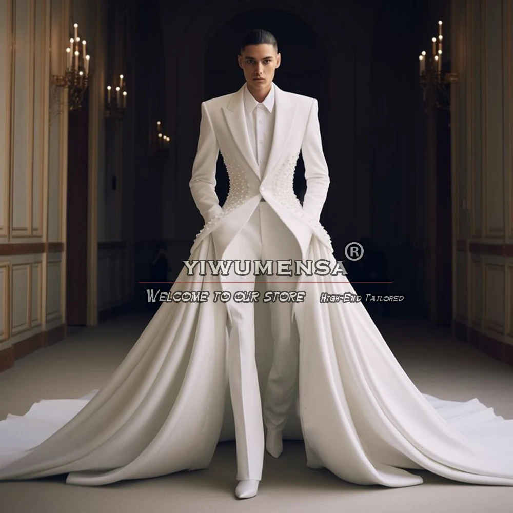 Exquisite Pants Suit Men For Wedding Handmade Pearls Beaded Prom Blazer Sets Tailor-Made Groomsmen Tuxedos Man Business Clothing