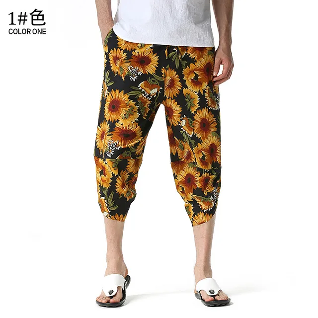 Vintage Printed Mens Summer 3/4 Capri Pants Loose Casual Drawstring Elastic  Cotton Harem Pants Hiphop Holiday Beach Sweatpants - AliExpress