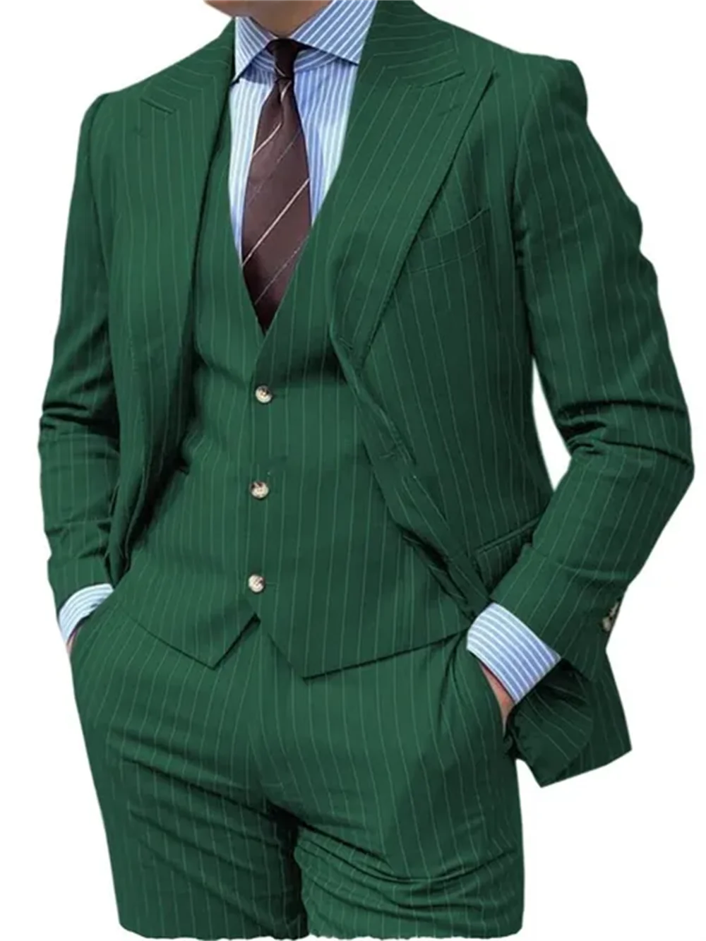 3 Pieces Grey Stripe Design Men Suits Peaked Lapel Formal Business Man Blazer  Groom Tuxedo Classic Fit Male Outfit 4