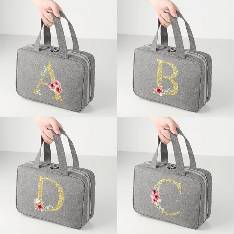 Golden letter printed travel waterproof folding dry wet separation toiletries bag with large capacity cosmetic storage bag