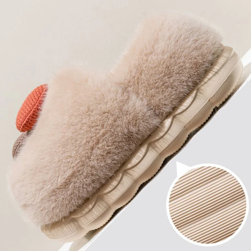 Cartoon Mushroom Fluffy Slippers Women Bag Heel Warm Indoor Cotton Shoes Woman Soft Faux Fur Thick Sole House Shoes Mujer