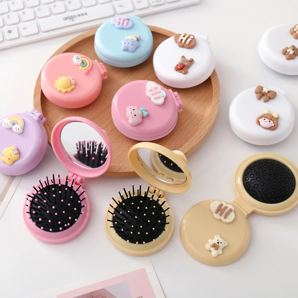 

Foldable Air Cushion Comb Cartoon Bear Mini Scalp Massage Hair Brush Comb With Mirror Outdoor Women Portable Hairstyling Tools