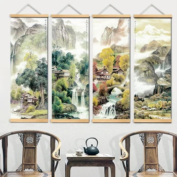 Chinese Traditional Style Four Seasons Landscape Canvas for Living Room Wall Art Poster Solid Wood Scroll Paintings Home Decor 1