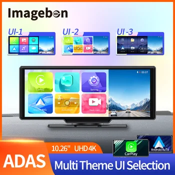 Imagebon 자동차 대시 카메라 무선 카플레이 및 안드로이드 자동 DVR, GPS AI 음성 AUX BT FM, 24 시간 주차 모니터, 5G 와이파이, 10.26 인치, 4K ADAS