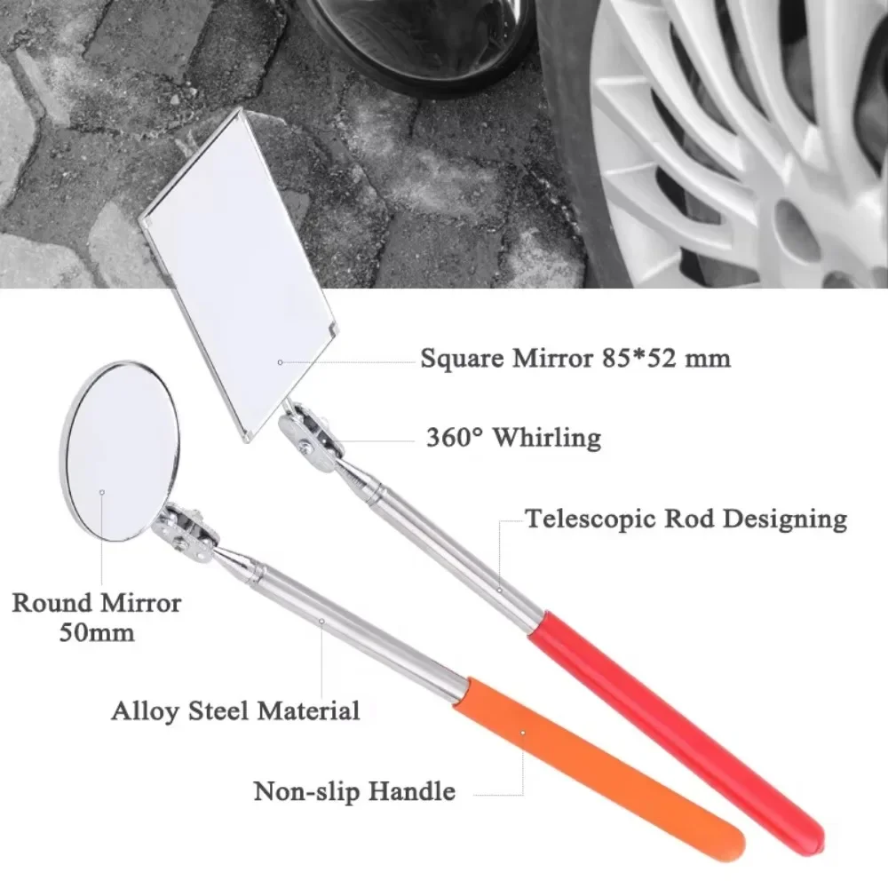 New Extendible Inspection Rotatable Mirror Stainless Steel Round Retractable Mirror Square Detection Tool Equipment Automotive