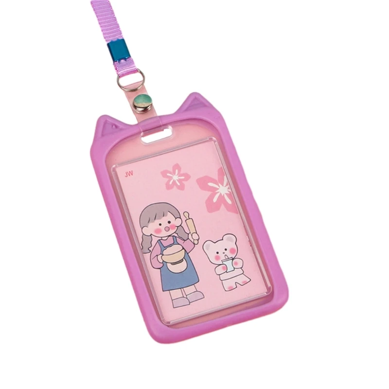 Cartoon Silicone Card Cover Cat Ear Badge Holder Vertical with Lanyard Neck Strap for Cat Lovers