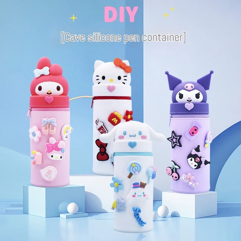 New Sanrio MyMelody Kuromi Cartoon Silicone Folding Dual purpose Pen Holder Pen Box Office Stationery Storage Device pencil case,pen holder,desk organizer,pen and brush holder,desk storage rack