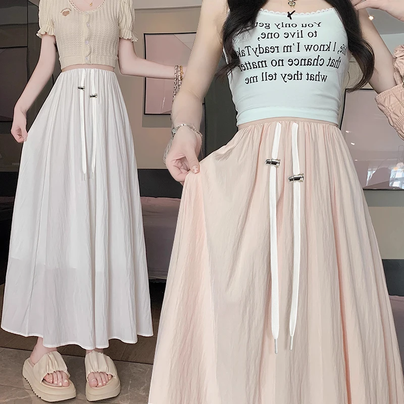 French Style Summer Maternity Flared Skirt Solid Color Drawstring Waist Long Loose Pregnant Woman Skirt with Lining