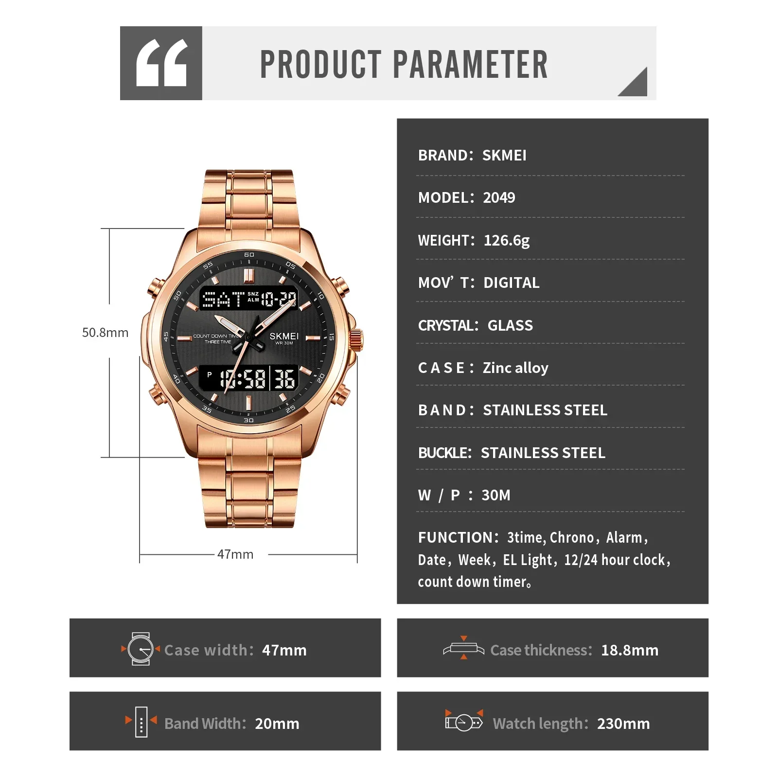 Skmei 2049 Mens Back Light Sport Watch Waterproof Alarm Clock Relogio Masculino 3 Time Countdown Timer Digital Wristwatches 6
