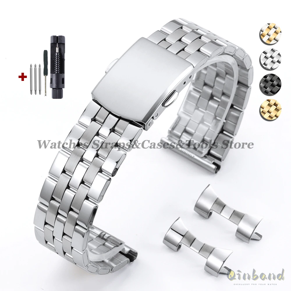 Sleek Stainless Steel Watch Strap with Universal Folding Buckle - Curved & Straight End Options
