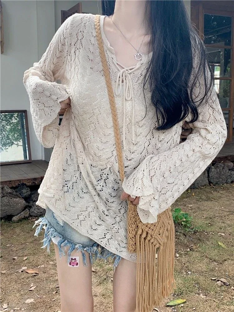 بلوفرات برقبة على شكل حرف V مجوفة للنساء ، سترات ج...