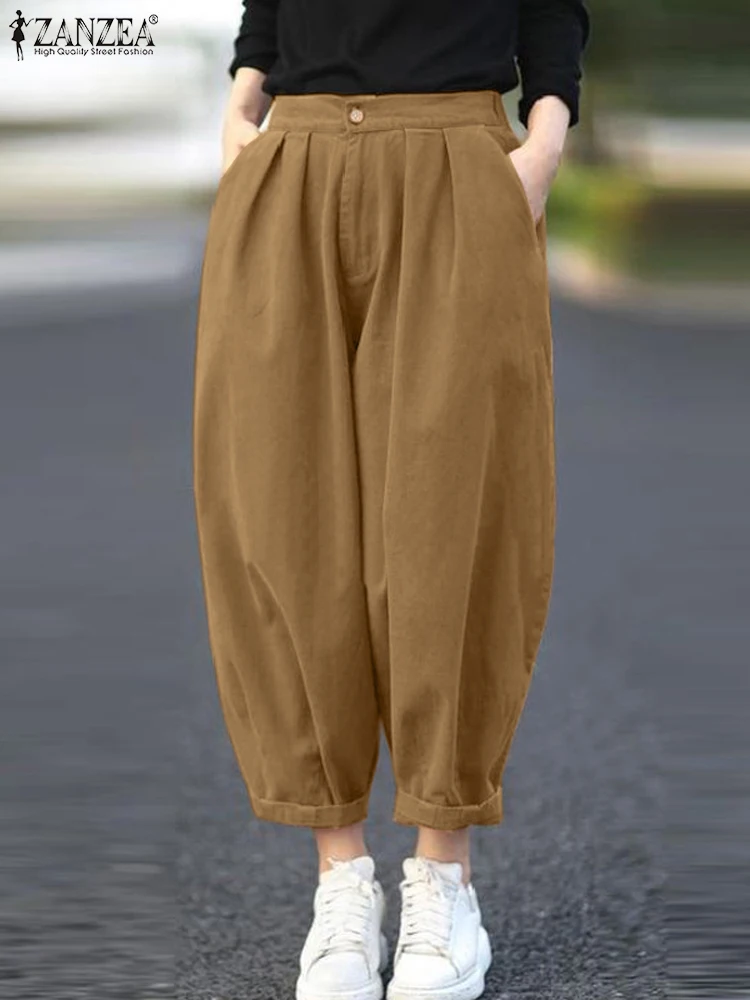 

ZANZEA 2024 Summer Elastic Waist Pleated Cropped Harem Pants Women Solid Long Pants Casual Loose Trousers Vintage Oversized Pant