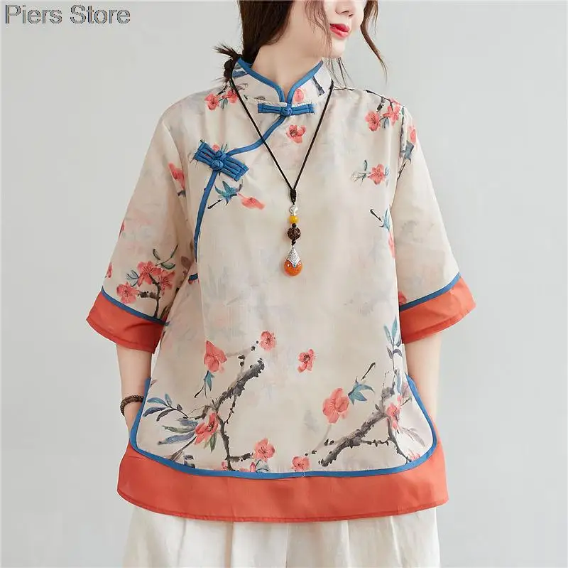 Spring Women Chinese Traditional Style Tops Cotton Linen Loose Blouses Cheongsam Female Vintage Buckle Hanfu Shirts Tang Suits
