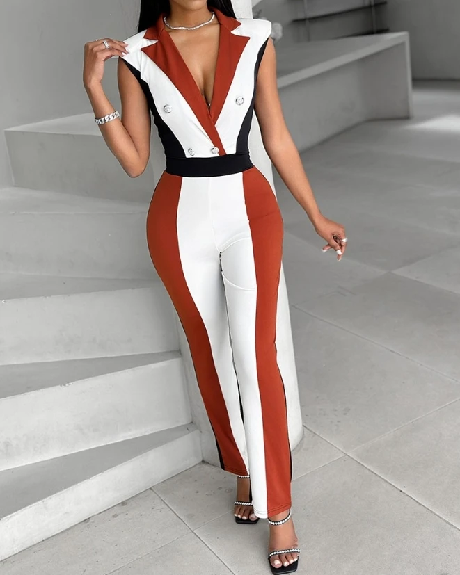 2024 Spring Women Elegant Jumpsuit Notched Collar Sleeveless Colorblock Double Breast Blazer Jumpsuit Skinny Work Pant Jumpsuit