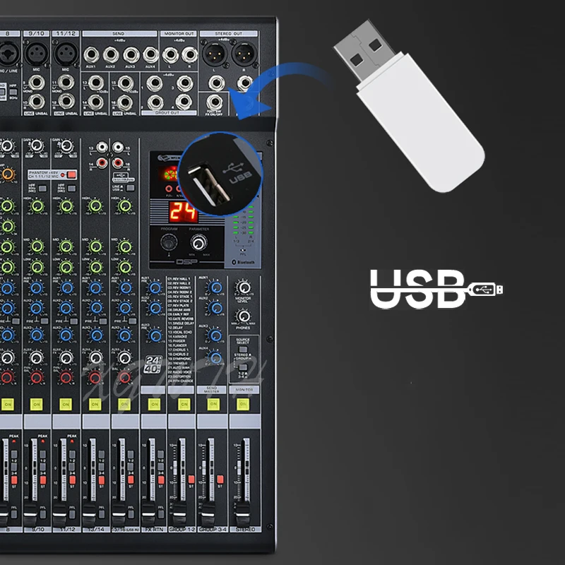 블루투스 디지털 믹서 오디오 믹싱 콘솔, 48V 팬텀 파워 USB, 4 그룹 디지털 효과, DJ 무대 장비, 16 채널