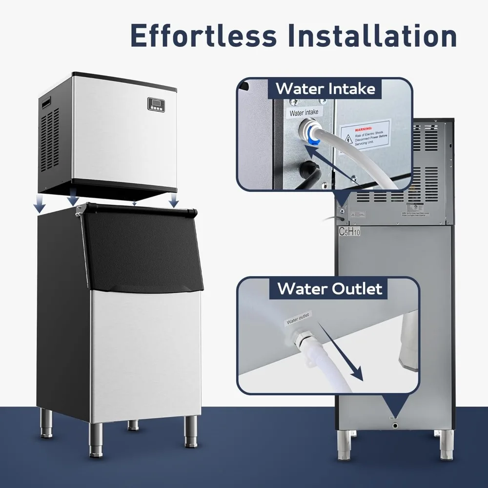 Commercial ice maker, 400 pounds per day, SECOP compressor, 250 pounds storage, ice ready within 8 to 15 minutes