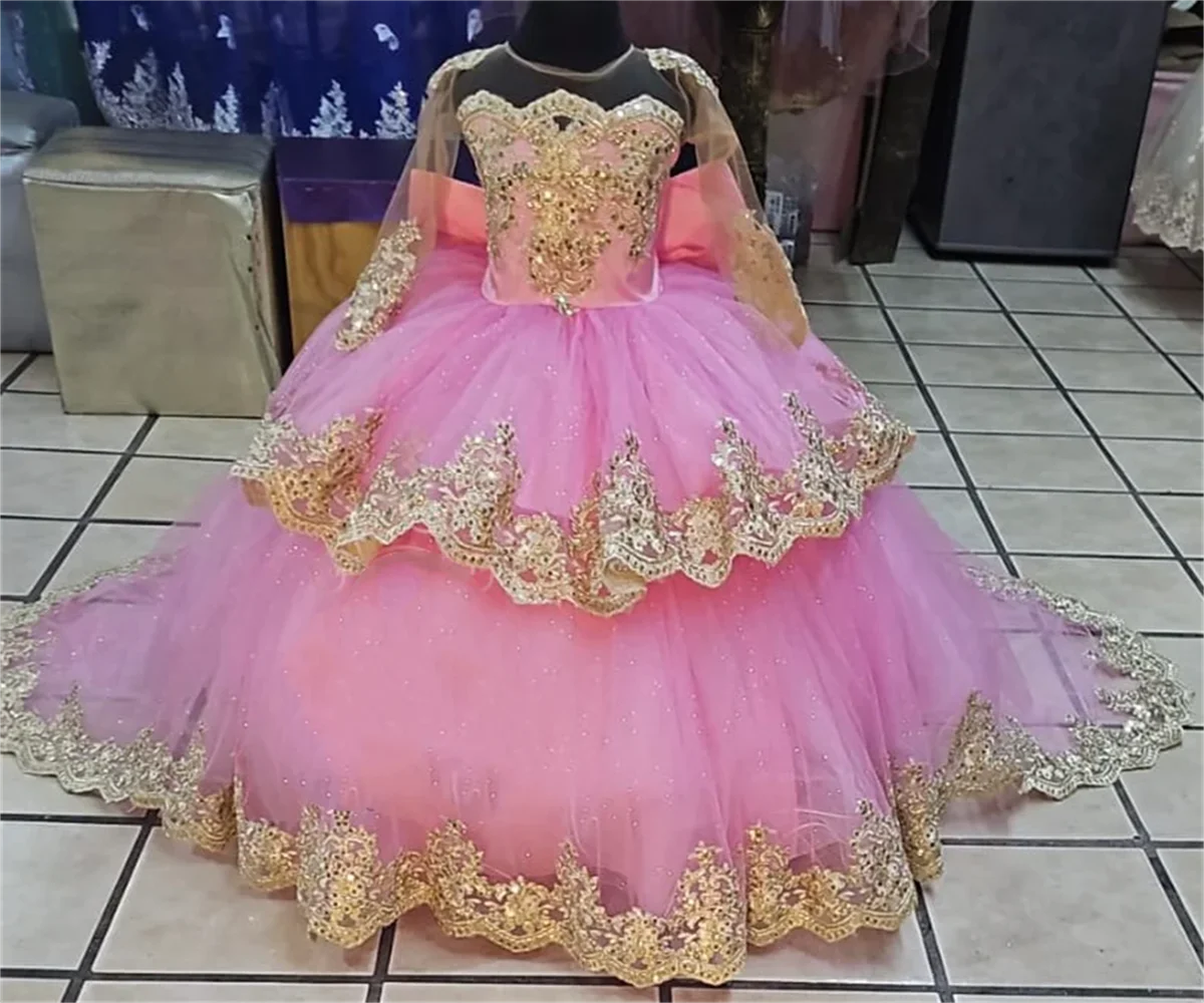 Gold Appliqu&eacute; Long Sleeve Pageant Wedding Pink Flower Girl Dress Big Bow First Communion Birthday Prom Party Kids Dress flower girl dresses floral appliqu&eacute; dress girls dresses