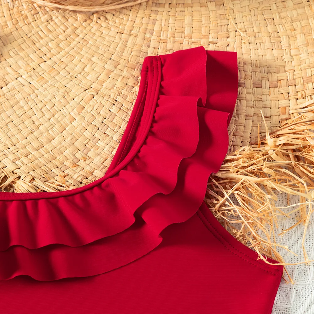 Retro Red Color Teenage Girls Swimsuit One Piece 5-14 Year Kids Swimsuit Ruffled Swimwear beachwear