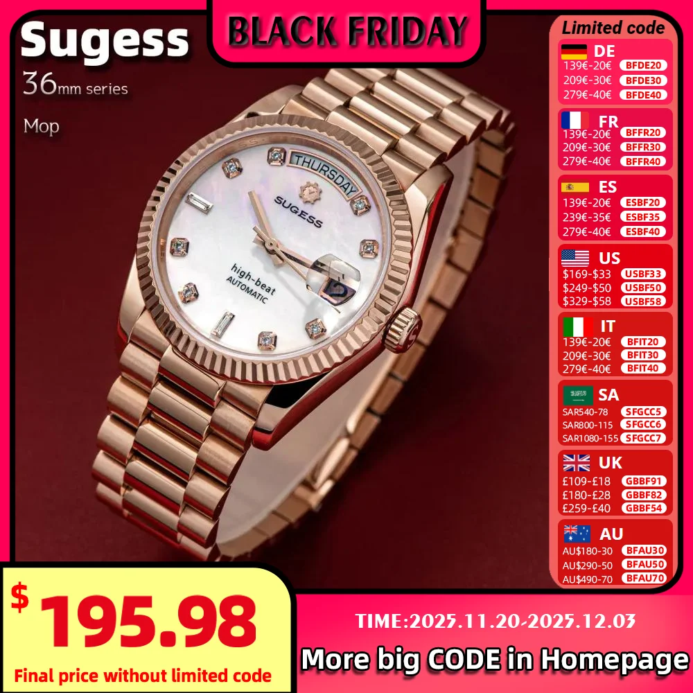Sugess Watch of Men 36mm Date Automatic Retro Mechanical