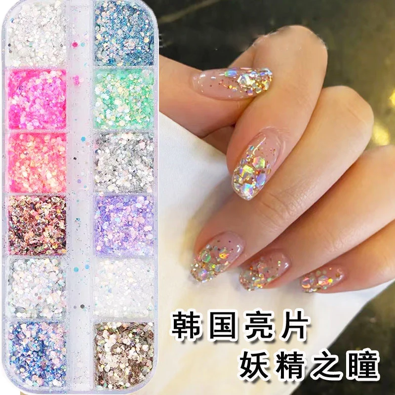 

12Grid/Box Mermad Iridescent Nail Art Glitter Sequins Mixed-Size Hexagon Sparkle Slices Paillette Gel Polish Manicure Sequins