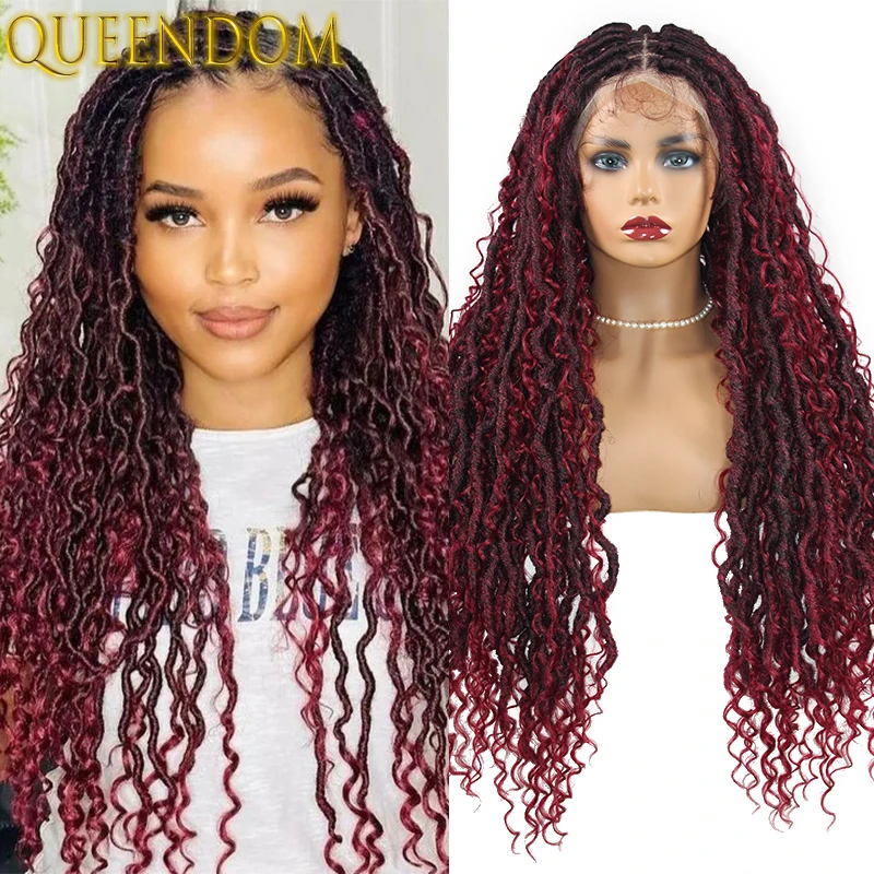 

32 Inch Burgundy Full Lace Wig Bohemia Knotless Box Braided Goddess Locs Wig Bohemia Twist Synthetic Braid Wigs with Curly Ends