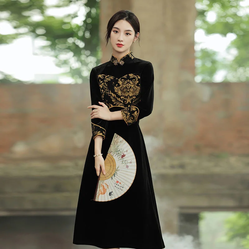 

Chinese Qipao Black Modern Fashion Vintage Elegant Girl Slim Cheongsam Traditional Improve 2023 Spring Ethnic Style Women Dress