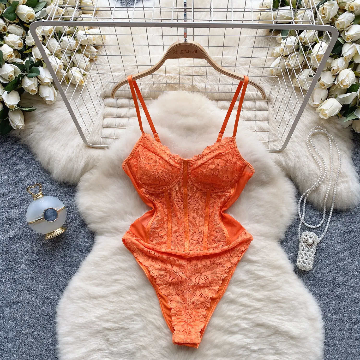 

Sexy Lust Girl Orange Red Bodysuit Female Sexy Lace Hook Flower Mesh Suspender Tank Top Women Shaping Body One Piece Rompers