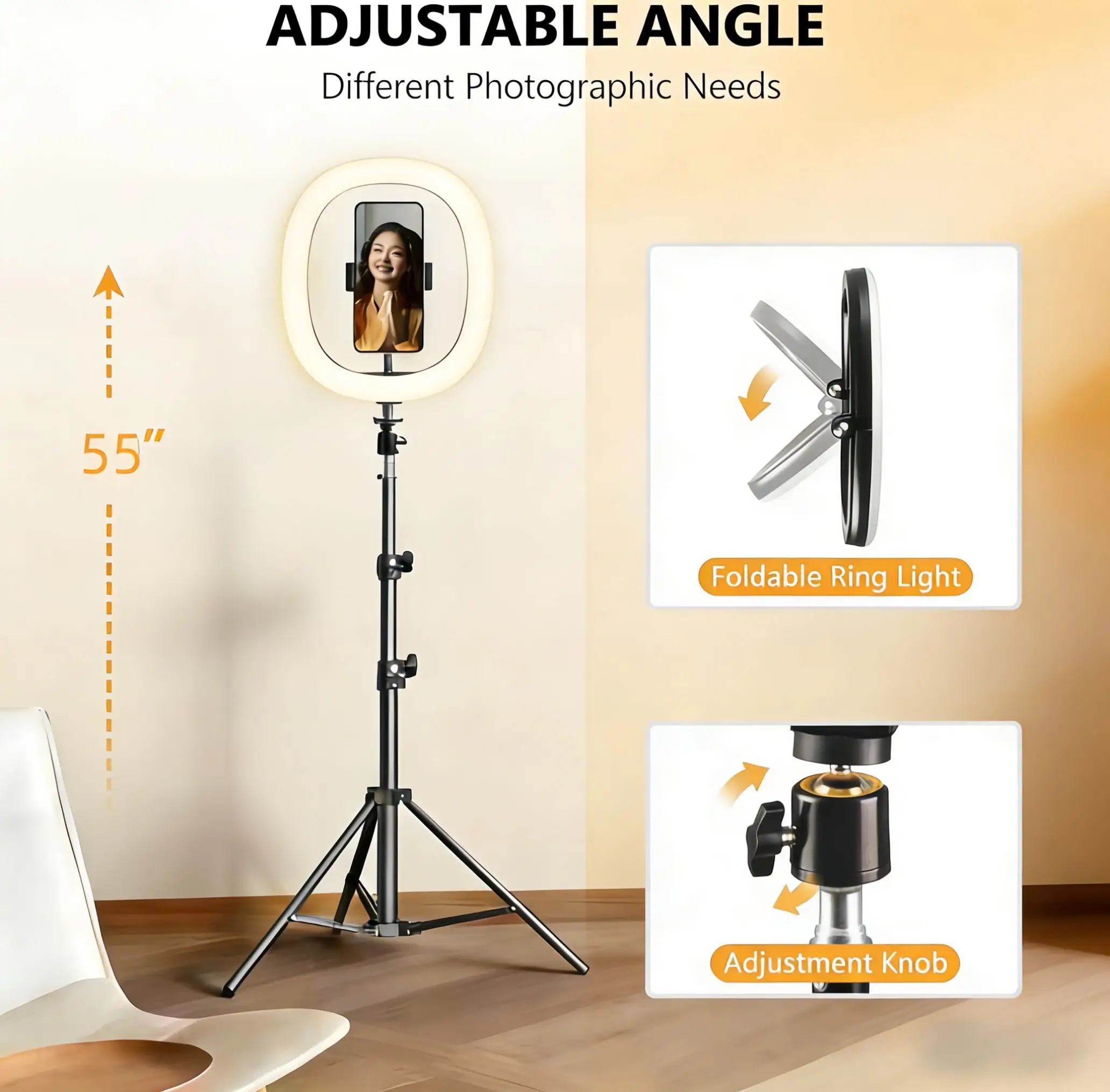 12-inch Foldable LED Ring Light With 110cm Tripod Stand , Adjustable 3 Light Modes CRI95+ for Photography,  Live Stream, Makeup