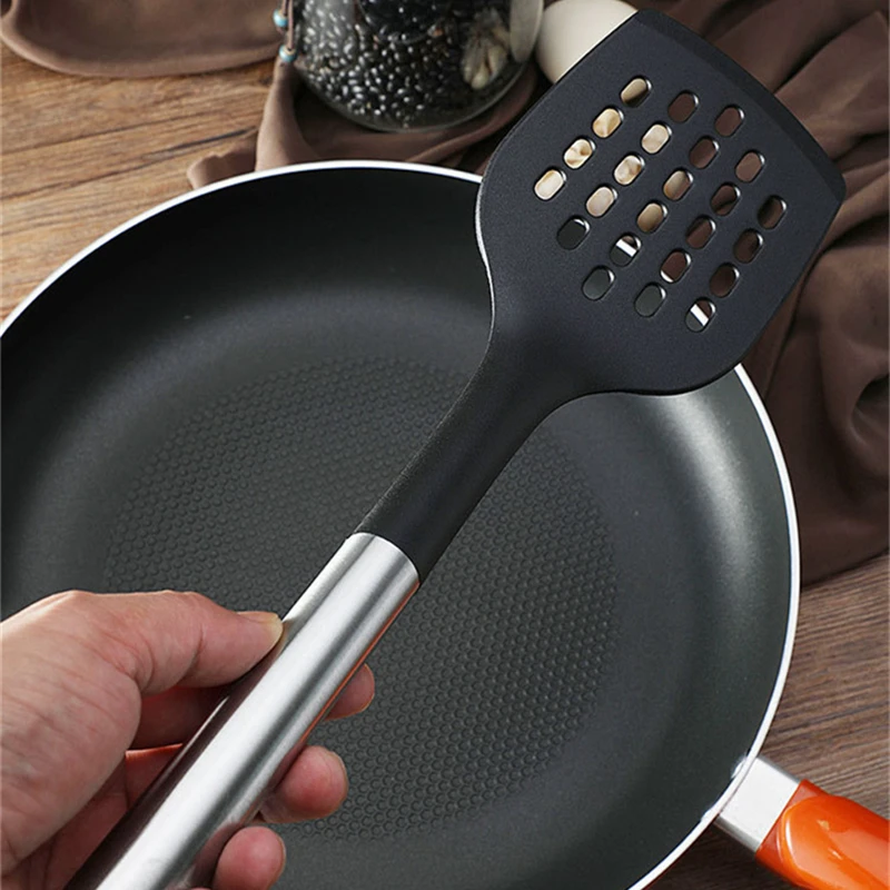 7PC Stainless Steel Handle Nylon Kitchenware Black Anti-Scald Spatula Soup Spoon Colander Dense Spoons Household Cooking Tools