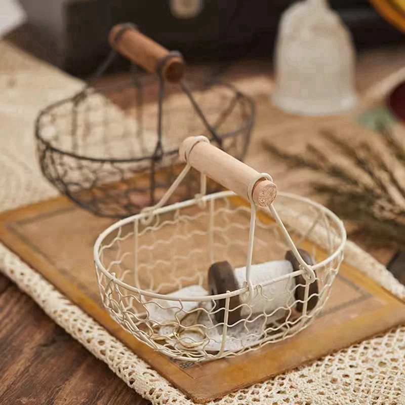 Metal Wire Basket with Wood Handle Decorative Serving Basket for Bread Food Fruit Egg Home Organizer Kitchen Storage Fruit Bins 6