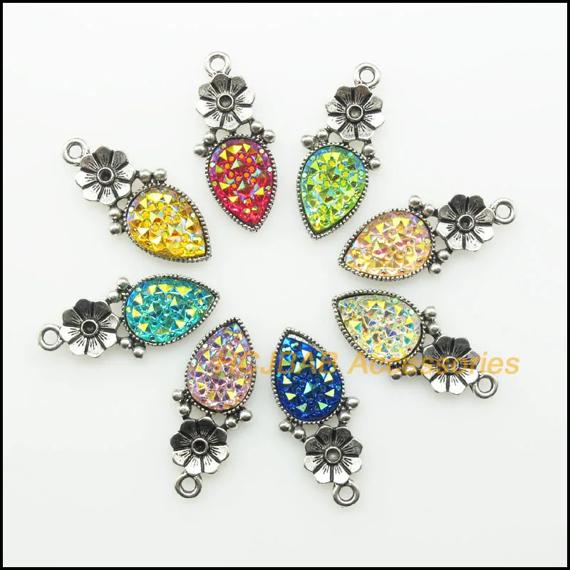 

8Pcs Antique Silver Color Retro Graininess Mixed Resin Teardrop Charms Rose Flower Pendants 13x29mm