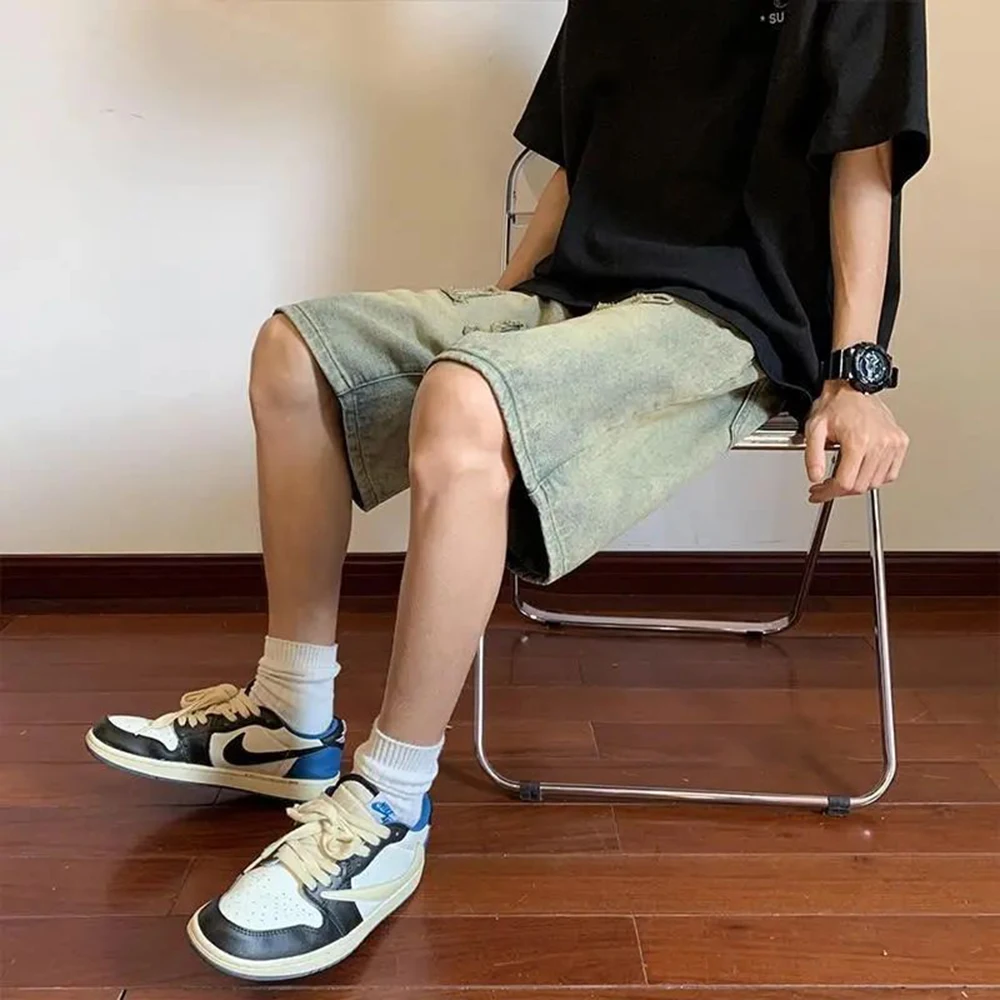 Men's Washed Old Denim Shorts Summer Loose Wide-leg Embroidery Straight Five-point Pants American High Street Hiphop Pants