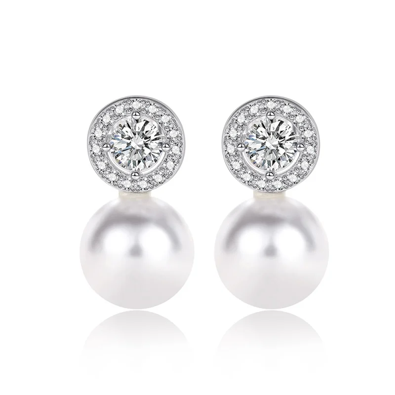 Huitan 925 Sterling Silver Luxury Imitation Pearl Drop Earrings for Women Shiny CZ Accessory Elegant Temperament Wedding Jewelry