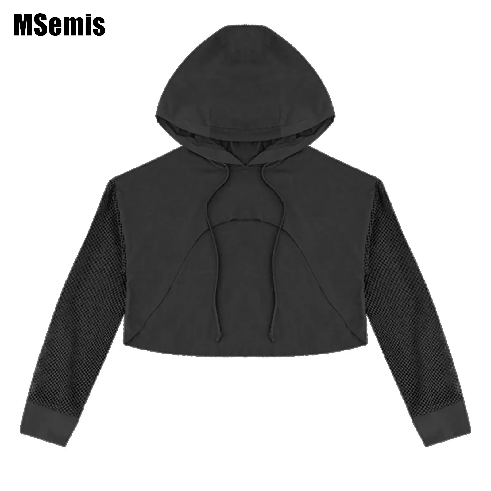 

Girls Hoodie Sweatshirt Crop Tops Hip Hop Clothing Kids Sheer Mesh Long Sleeve Drawstring Hoodie Jazz Dance Costume Streetwear