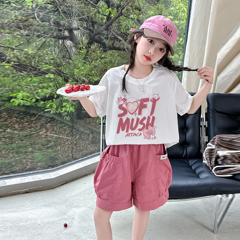 Summer Girls Letter Love Work Shorts Set New Youth Casual T-Shirt Manica Corta Moda Pantaloncini Personalizzati Set 4 6 7 8 10 11 13T