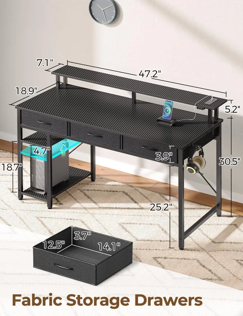 Computer Desk with Power Outlets & LED Light, 47 inch Home Office Desk , Modern Work Desk for Home Office, Carbon Black 3