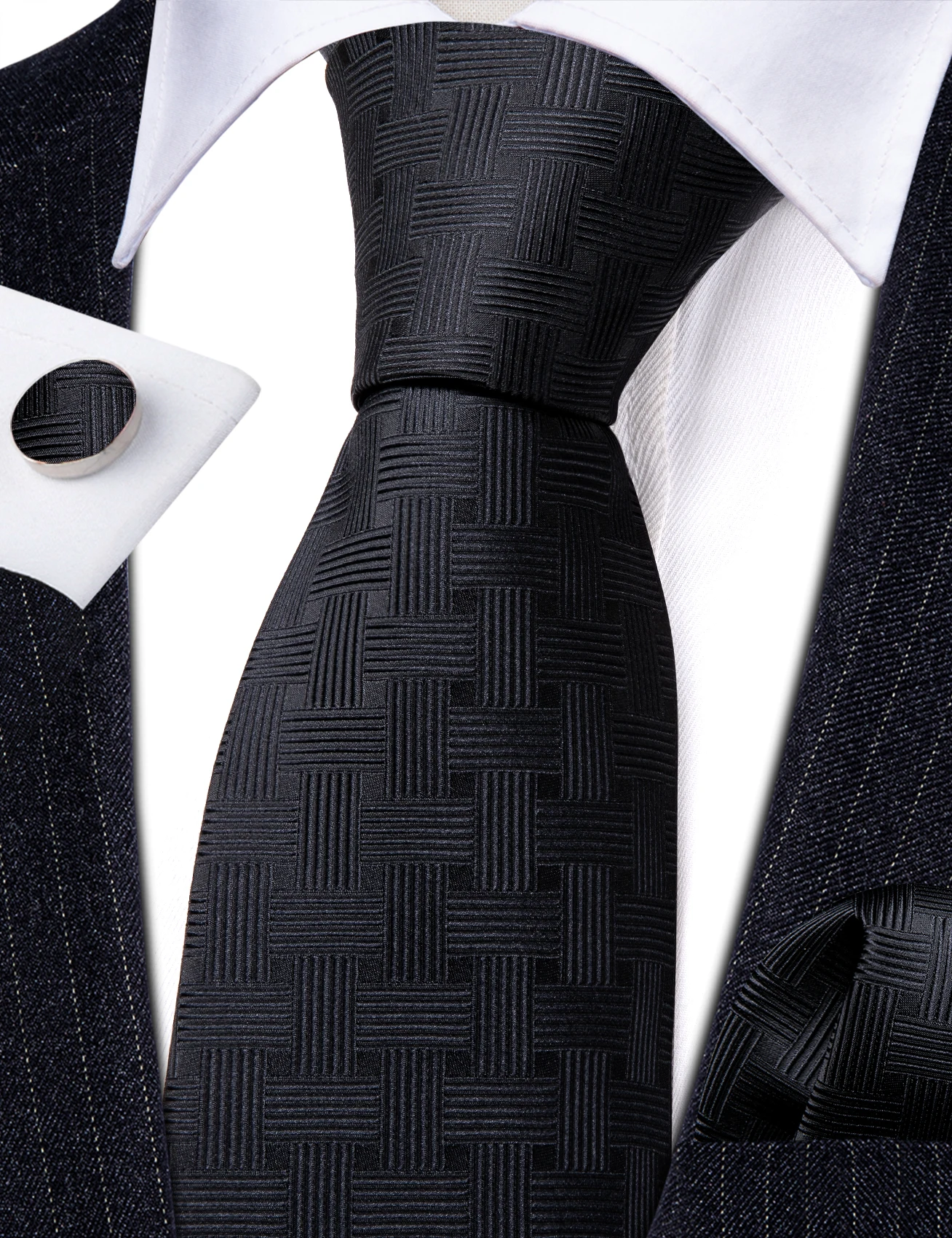

Formal Black Ties For Men 2023 Fashion Silk Woven Pocket Square Cufflinks Suit Male Necktie Sets Party Business Barry.Wang 6504