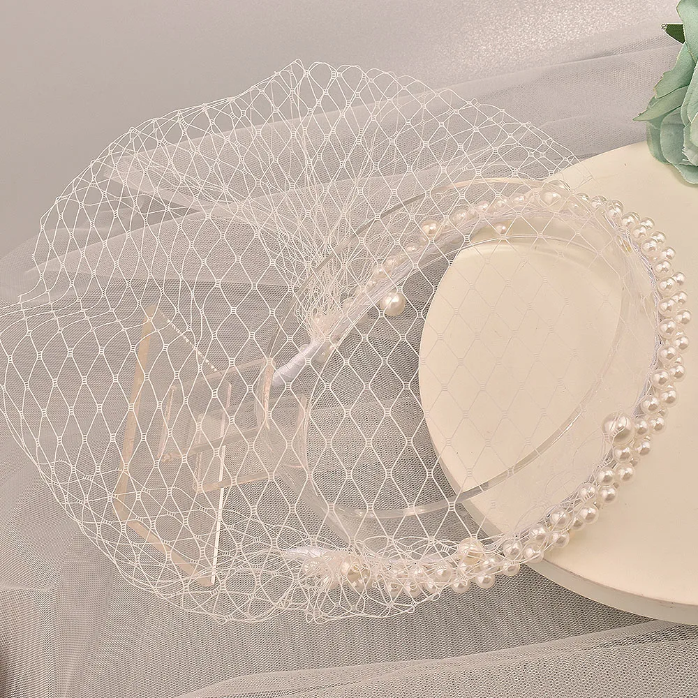 JM26 Tüllkäfigschleier mit Perlen Hochzeit Vogelkäfigschleier mit Stirnband Gesichtsbedeckung Braut Kopfschmuck Hochzeitsaccessoires Mariage – Detail 8