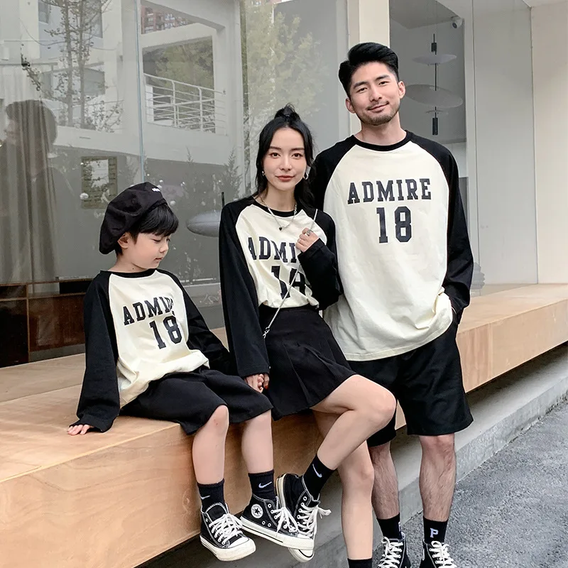 

Parent-child Loose Korean Round Neck Letter Print T-shirt Casual Sunscreen Long-sleeved Top Football Tshirt Family Clothes